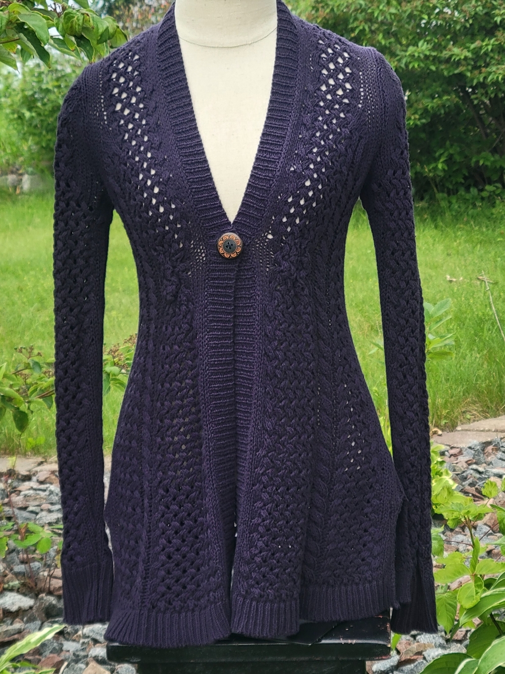 Rosie Neira Navy Crochet Knit Single-Button Cardigan Sweater XS